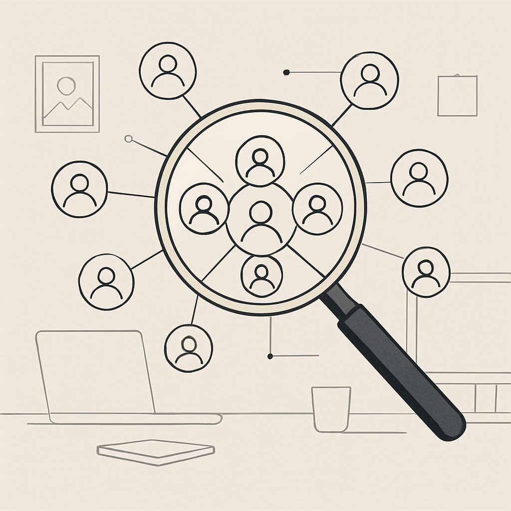 animated magnetic magnet pulling people in a circle, with one magnified circle in the center to draw viewers' eyes.
